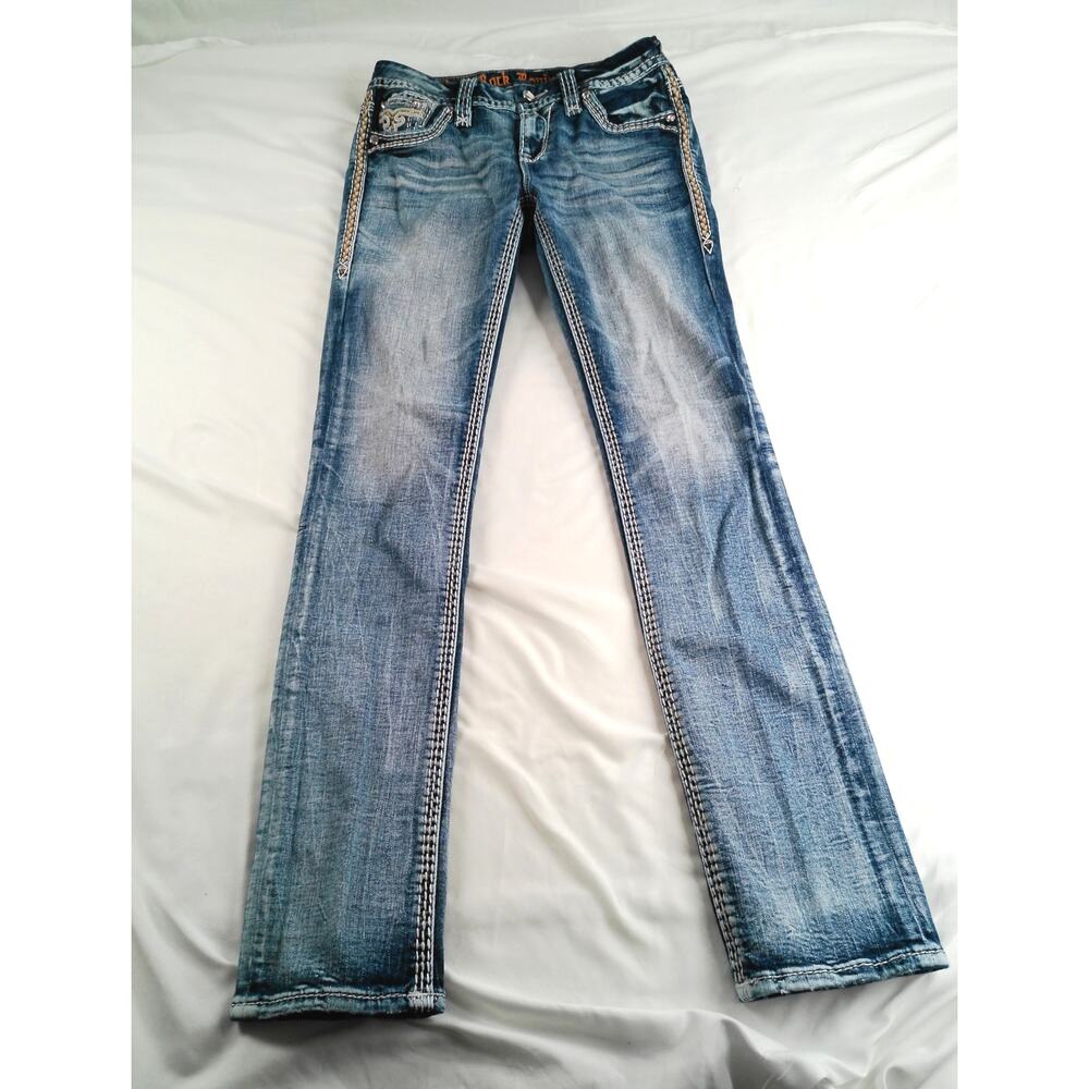 Rock Revival Nuri Mid Rise Straight Jeans Women's Size 26 Stretch Embellished